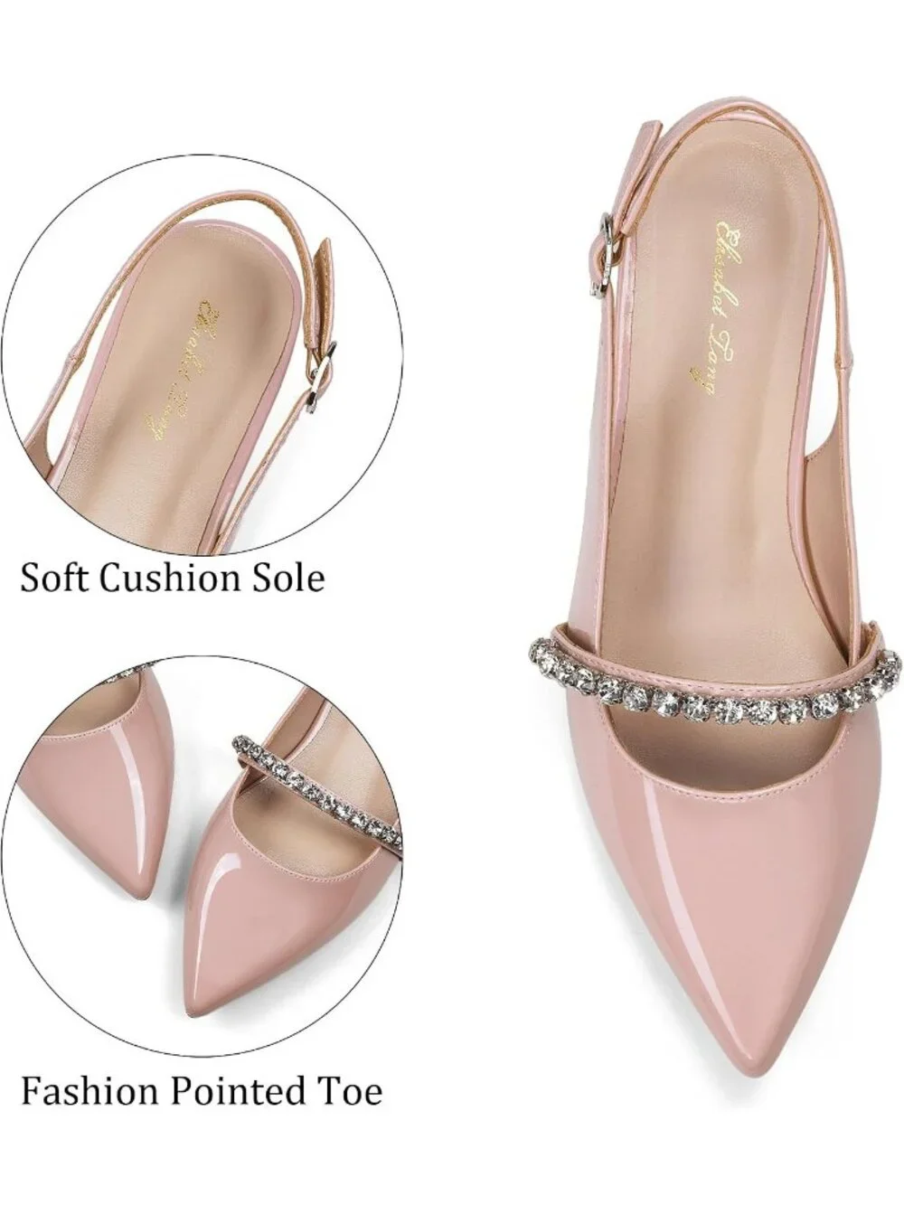 Women's Pink Leather Slingback Flats Rhinestone Closed Pointed Toe Dressy Shoes
